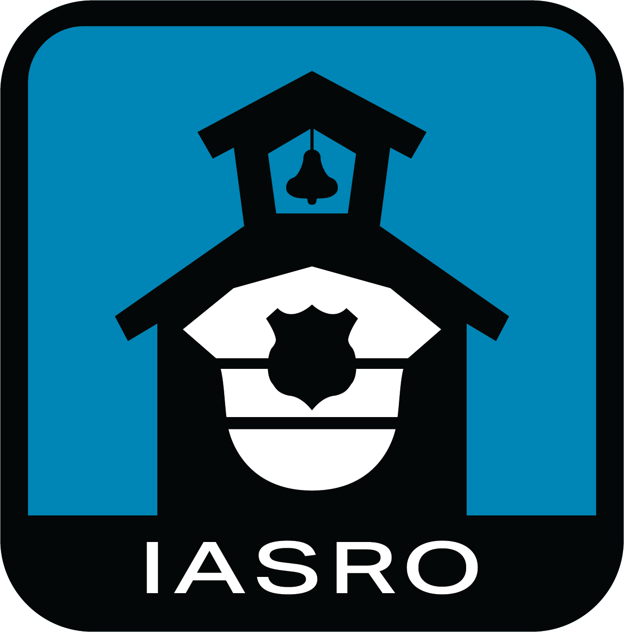 Blue and black logo with a stylized schoolhouse featuring a bell in the steeple and a shield emblem on the front. The text "IASRO" appears at the bottom.